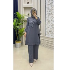 MUCEMU13109 BÜYÜK BEDEN ÇİÇEKLİ GRİ OYSHO TAKIM