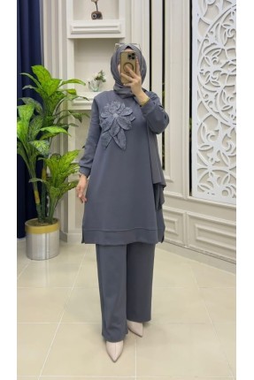 MUCEMU13109 BÜYÜK BEDEN ÇİÇEKLİ GRİ OYSHO TAKIM