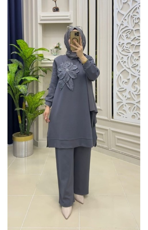 MUCEMU13109 BÜYÜK BEDEN ÇİÇEKLİ GRİ OYSHO TAKIM