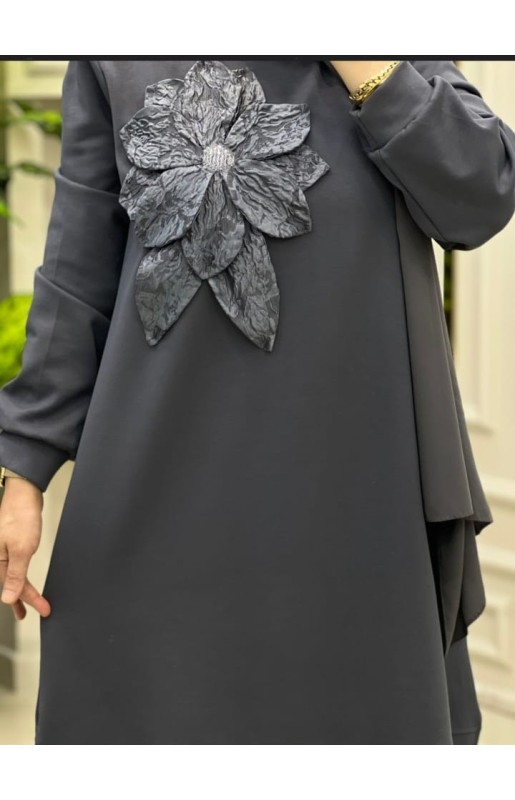 MUCEMU13109 BÜYÜK BEDEN ÇİÇEKLİ GRİ OYSHO TAKIM