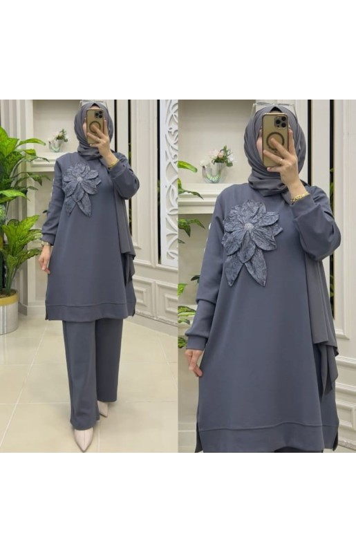 MUCEMU13109 BÜYÜK BEDEN ÇİÇEKLİ GRİ OYSHO TAKIM