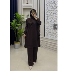 MUCEMU13109 BÜYÜK BEDEN ÇİÇEKLİ KAHVERENGİ OYSHO TAKIM