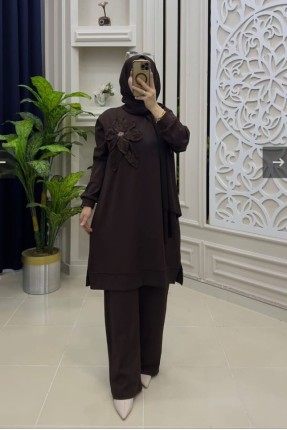 MUCEMU13109 BÜYÜK BEDEN ÇİÇEKLİ KAHVERENGİ OYSHO TAKIM