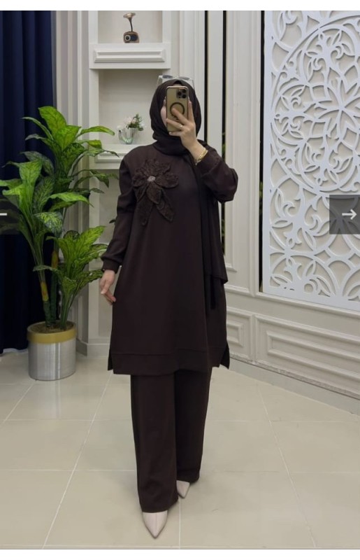 MUCEMU13109 BÜYÜK BEDEN ÇİÇEKLİ KAHVERENGİ OYSHO TAKIM