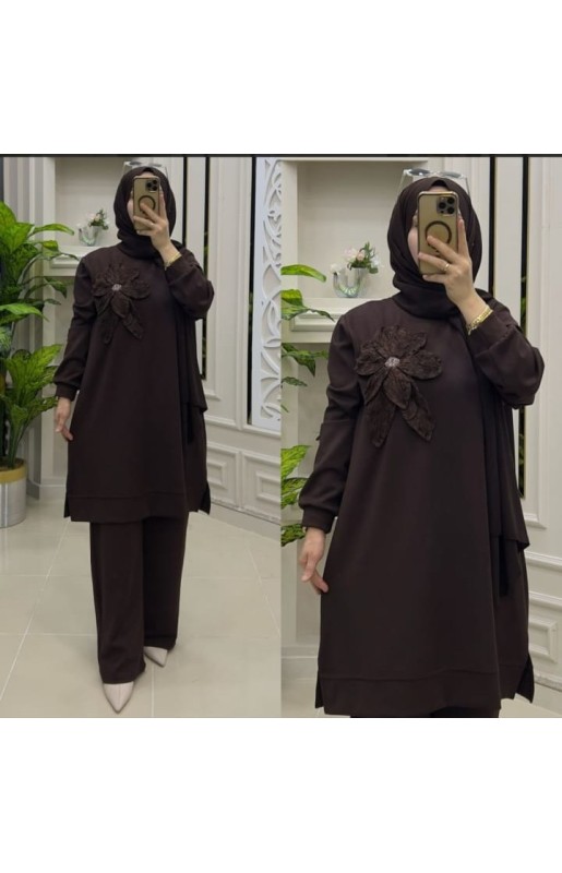 MUCEMU13109 BÜYÜK BEDEN ÇİÇEKLİ KAHVERENGİ OYSHO TAKIM