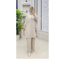 MUCEMU13109 BÜYÜK BEDEN ÇİÇEKLİ BEJ OYSHO TAKIM