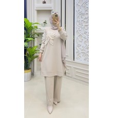 MUCEMU13109 BÜYÜK BEDEN ÇİÇEKLİ BEJ OYSHO TAKIM