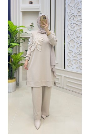 MUCEMU13109 BÜYÜK BEDEN ÇİÇEKLİ BEJ OYSHO TAKIM