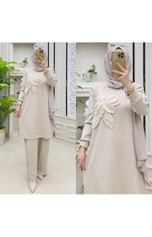 MUCEMU13109 BÜYÜK BEDEN ÇİÇEKLİ BEJ OYSHO TAKIM