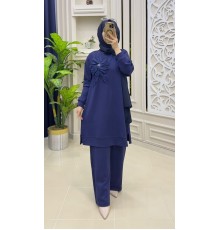 MUCEMU13109 BÜYÜK BEDEN ÇİÇEKLİ LACİVERT OYSHO TAKIM