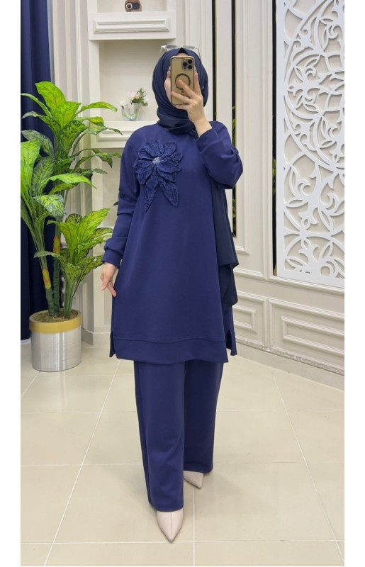 MUCEMU13109 BÜYÜK BEDEN ÇİÇEKLİ LACİVERT OYSHO TAKIM