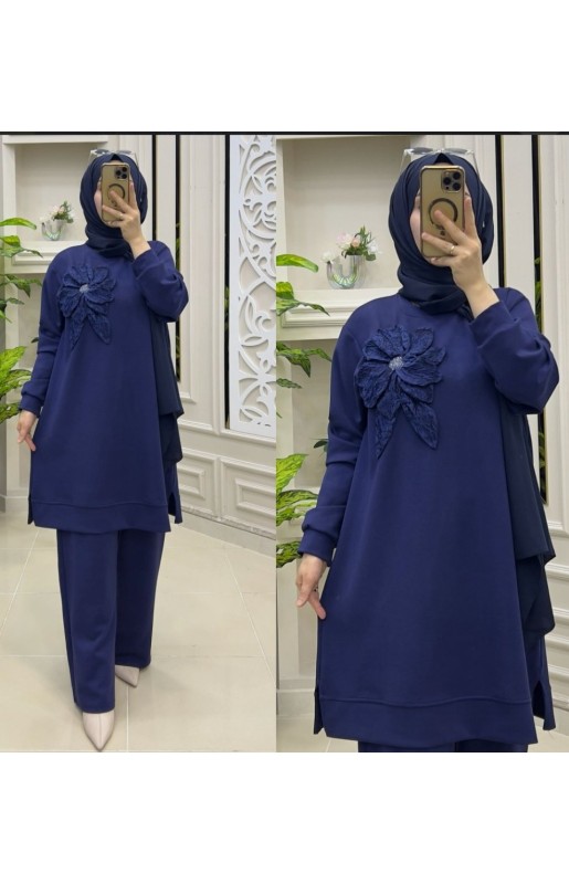 MUCEMU13109 BÜYÜK BEDEN ÇİÇEKLİ LACİVERT OYSHO TAKIM