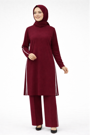 MUCEMU48 BİYELİ TUNİK PANTOLON TAKIM BORDO