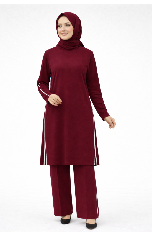 MUCEMU48 BİYELİ TUNİK PANTOLON TAKIM BORDO
