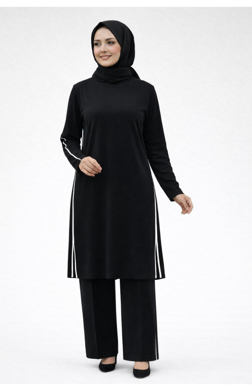 MUCEMU48 BİYELİ TUNİK PANTOLON TAKIM SİYAH